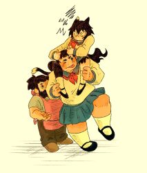 Rule 34 | &gt; o, 1boy, 2girls, :p, alternate costume, apron, beard, belly, black hair, brown hair, cat girl, contemporary, cutystuffy, dungeon meshi, dwarf, facial hair, height difference, highres, horn grab, horns, inutade, izutsumi, long beard, long hair, motherly, multiple girls, mustache, one eye closed, oni, pink apron, school uniform, senshi (dungeon meshi), shout lines, skin-covered horns, thick mustache, tongue, tongue out, twintails