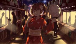 Rule 34 | 1girl, :d, artist name, arttsam, brown hair, candy, closed mouth, cotton candy, festival, fireworks, floral print, flower, food, hair flower, hair ornament, hair up, hands up, highres, holding, holding candy, holding food, japanese clothes, kimono, long hair, open mouth, orange kimono, original, painttool sai (medium), sash, smile, wide sleeves