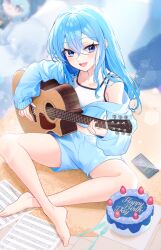 Rule 34 | 1girl, :d, acoustic guitar, akaike, bare shoulders, barefoot, birthday, blue eyes, blue hair, blue shorts, blurry, blurry background, blush, cake, cellphone, collarbone, commentary request, crop top, cropped jacket, crossed ankles, crossed bangs, eyelashes, feet, food, fork, fruit, guitar, hair between eyes, happy birthday, highres, holding, holding guitar, holding instrument, hololive, hoshimachi suisei, instrument, jacket, kitchen knife, knife, lens flare, light particles, long hair, long sleeves, looking at viewer, music, off shoulder, open clothes, open jacket, open mouth, paper, phone, playing instrument, puffy long sleeves, puffy sleeves, sheet music, short shorts, shorts, sidelocks, sitting, sleeves past wrists, smartphone, smile, solo, star (symbol), star in eye, strawberry, symbol in eye, tank top, virtual youtuber, white tank top