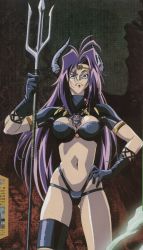 Rule 34 | 1girl, absurdres, blue eyes, breasts, cleavage, cropped, fangs, gloves, gluteal fold, hand on own hip, highres, hip focus, horns, jewelry, large breasts, long hair, midriff, naga the serpent, navel, necklace, official art, polearm, purple hair, scan, single horn, slayers, solo, spear, thigh strap, trident, very long hair, weapon