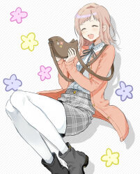 Rule 34 | 1girl, ^ ^, ankle boots, arms up, bag, bird, blush, boots, brown hair, cardigan, closed eyes, dot nose, floral background, frilled shirt, frills, grey footwear, grey skirt, holding, holding bag, idolmaster, idolmaster shiny colors, long hair, long sleeves, nmnm2332chan, open clothes, open mouth, pigeon, pink cardigan, plaid, plaid skirt, round teeth, sakuragi mano, shirt, shoulder bag, sitting, skirt, smile, solo, striped, striped background, teeth, thighhighs, white shirt, white thighhighs