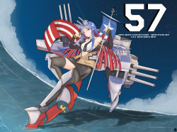 Rule 34 | 1girl, absurdres, american flag, asymmetrical legwear, bananamaru, black necktie, black shorts, black skirt, black thighhighs, blue hair, breasts, brown jacket, cannon, character name, crop top, day, dress shirt, grey eyes, headgear, highres, holding, holding shell, jacket, kantai collection, long hair, medium breasts, midriff, multicolored hair, necktie, open clothes, open jacket, outdoors, pencil skirt, red hair, rigging, shell, shirt, short shorts, short sleeves, shorts, single leg pantyhose, skirt, solo, south dakota (kancolle), standing, standing on liquid, star (symbol), thighhighs, turret, uneven legwear, white hair, white shirt