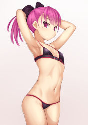 Rule 34 | 1girl, absurdres, arms behind head, arms up, bare shoulders, bikini, black bikini, black bow, blush, bow, breasts, fate/grand order, fate (series), hair bow, helena blavatsky (fate), helena blavatsky (swimsuit archer) (fate), helena blavatsky (swimsuit archer) (third ascension) (fate), highres, looking at viewer, navel, petite, purple eyes, purple hair, short hair, small breasts, swimsuit, yamachi (xadp7533)