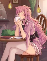 Rule 34 | 1girl, animal ears, black choker, black sash, blush, book, braid, bush, ceiling light, chair, choker, closed eyes, commission, crossed legs, cup, drinking, ear ornament, facial mark, french braid, from side, highres, holding, indoors, japanese clothes, kimono, long hair, maid, obi, original, pink hair, pink kimono, sash, second-party source, shellvi, short kimono, sitting, smile, solo, steam, table, thighhighs, tray, very long hair, wa maid, whisker markings, white thighhighs
