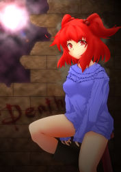 Rule 34 | 1girl, alternate costume, boots, bottomless, breasts, covered erect nipples, female focus, hair bobbles, hair ornament, highres, lens flare, no pants, onozuka komachi, red eyes, red hair, smile, solo, sweater, touhou, yakumo tori