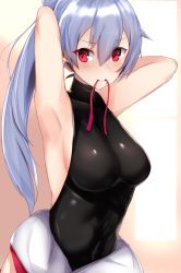 Rule 34 | 1girl, absurdres, adjusting hair, armpits, arms up, bare arms, blush, breasts, commentary request, eyes visible through hair, fate/grand order, fate (series), hair between eyes, heattech leotard, high ponytail, highres, large breasts, long hair, looking at viewer, mouth hold, nanakaku, red eyes, ribbon, ribbon in mouth, sleeveless, solo, tomoe gozen (fate), turtleneck, tying hair