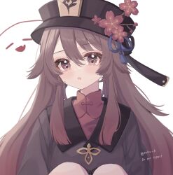 Rule 34 | 1girl, :o, absurdres, artist name, blush, boo tao (genshin impact), brown eyes, brown hair, chinese clothes, chinese hat, commentary request, cowboy shot, fang, flower, genshin impact, hat, hat flower, head tilt, highres, hu tao (genshin impact), knees up, long hair, looking at viewer, parted bangs, parted lips, porkpie hat, red shirt, roku 6, shirt, sidelocks, simple background, skin fang, smile, solo, star-shaped pupils, star (symbol), symbol-shaped pupils, tassel, top hat, twintails, twitter username, very long hair, white background