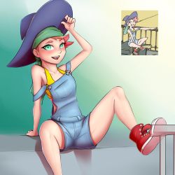 Rule 34 | 1girl, absurdres, adjusting clothes, adjusting headwear, amanda o&#039;neill, arm support, blush, green eyes, groin tendon, hat, highres, little witch academia, looking at viewer, overalls, photo inset, pink hair, pudgeruffian, reference inset, shoes, smile, sneakers, solo, sports bra, spread legs, strap slip, thighs, witch hat
