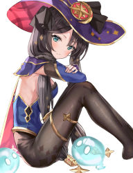 Rule 34 | 1girl, aqua eyes, armpits, bad id, bad twitter id, black hair, black pantyhose, blue leotard, breasts, cape, closed mouth, detached sleeves, from side, genshin impact, gold trim, hair ribbon, hat, highleg, highleg leotard, highres, knees up, leotard, long hair, long sleeves, looking at viewer, looking to the side, lotpi, mona (genshin impact), no shoes, pantyhose, purple hat, ribbon, simple background, sitting, slime, small breasts, solo, strapless, strapless leotard, twintails, very long hair, white background, witch hat