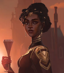 Rule 34 | 1girl, absurdres, arcane: league of legends, armor, artist name, breasts, brown dress, brown eyes, brown hair, brown sky, building, closed mouth, cloud, dark-skinned female, dark skin, dreadlocks, dress, earrings, english text, gold armor, hair ornament, hand up, highres, holding, jason8818024, jewelry, league of legends, medium breasts, mel medarda, outdoors, photo-referenced, ring, short hair, smile, solo, upper body