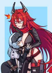 Rule 34 | 2girls, ahoge, antenna hair, asphyxiation, between breasts, black jacket, blurry, blurry background, breasts, closed mouth, cropped jacket, false smile, foaming at the mouth, fuyu karasu, goddess of victory: nikke, goggles, goggles on head, hair intakes, highres, horns, hug, jacket, large breasts, long hair, long sleeves, mechanical horns, multiple girls, red hair, red hood (nikke), simple background, smile, snow white (nikke), standing, surprised, unzipped, very long hair, white hair, white jacket, wide-eyed, worried