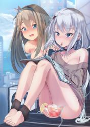 Rule 34 | 2girls, 9a-91 (girls&#039; frontline), alternate costume, ankle brace, barefoot, blonde hair, blue eyes, blue sky, blush, book, breasts, chair, choker, cityscape, cleavage, closed mouth, cloud, collarbone, cup, day, drinking straw, embarrassed, eyes visible through hair, feet, food, fruit, girls&#039; frontline, hair between eyes, hair ornament, hairband, hand fan, highres, holding, holding book, holding pen, ice, ice cube, lemon, lemon slice, long hair, looking afar, looking at book, looking at viewer, medium breasts, multiple girls, off shoulder, open mouth, pen, septet (zrca janne), sidelocks, silver hair, sitting, sitting on object, sky, snowflake hair ornament, star (symbol), star hair ornament, suomi (girls&#039; frontline), sweater, tareme, tearing up, thighs, toeless legwear, toes, very long hair