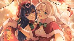 2girls antlers bell blue_eyes bow braid capelet christmas christmas_stocking commentary commission english_commentary fur-trimmed_capelet fur_trim green_bow hat highres holding homu_(honkai_impact) honkai_(series) honkai_impact_3rd horns kiana_kaslana long_hair looking_at_viewer mofumanju multiple_girls purple_eyes purple_hair raiden_mei red_capelet red_hat reindeer_antlers upper_body white_hair