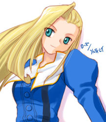 Rule 34 | 00s, 1girl, blonde hair, buttons, collar, green eyes, head tilt, katatsuka kouji, long hair, long sleeves, looking at viewer, military, military uniform, rita revant, rose anderson, simple background, solo, solty rei, uniform, white background