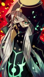 Rule 34 | 1boy, asclepius (fate), black jacket, commentary request, eyebrows hidden by hair, fate/grand order, fate (series), green eyes, hair between eyes, hood, hood up, hooded jacket, hoodie, jacket, long hair, long sleeves, looking at viewer, male focus, moru, silver hair, solo, standing
