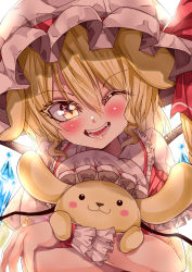 Rule 34 | 1girl, absurdres, backlighting, blonde hair, blush, closed mouth, collared shirt, commentary request, crossover, crystal, flandre scarlet, frilled shirt collar, frilled sleeves, frills, hair between eyes, hat, hat ribbon, head tilt, highres, looking at viewer, lower teeth only, mahoro (minase mahoro), medium hair, mob cap, one eye closed, open mouth, orange eyes, pompompurin, puffy short sleeves, puffy sleeves, red ribbon, ribbon, sanrio, shirt, short sleeves, solid circle eyes, teeth, touhou, upper body, upper teeth only, white headwear, white shirt, wings, wrist cuffs