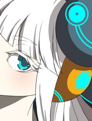 Rule 34 | 1girl, 9aki, blue eyes, blunt bangs, blush, borrowed character, close-up, colored eyelashes, electro emilia, eyebrows, eyelashes, headgear, hime cut, long hair, looking at viewer, neck, neon trim, original, out of frame, sidelocks, solo, white hair