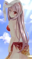 Rule 34 | 1girl, :o, animal ears, back, bikini, bikini skirt, blue sky, blush, chimunge, cloud, day, floral print, highres, light rays, long hair, looking at viewer, looking back, open mouth, purple hair, rabbit ears, rabbit girl, rabbit tail, red bikini, red eyes, reisen udongein inaba, sarong, sky, solo, sunbeam, sunlight, swimsuit, tail, touhou, very long hair