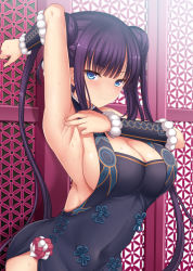 Rule 34 | 1girl, akino hamo, arm up, armpit focus, armpits, bare shoulders, black dress, blue eyes, blunt bangs, blush, breasts, china dress, chinese clothes, cleavage, closed mouth, covered navel, detached sleeves, double bun, dress, fate/grand order, fate (series), hair bun, hair ornament, highres, large breasts, long hair, looking at viewer, presenting armpit, purple hair, sideboob, sidelocks, solo, sweat, twintails, very long hair, yang guifei (fate), yang guifei (first ascension) (fate), yang guifei (second ascension) (fate)