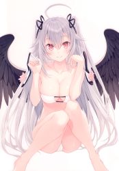 Rule 34 | 1girl, absurdres, ahoge, bare legs, barefoot, bikini, black wings, blush, breasts, cleavage, closed mouth, eyepatch bikini, grey hair, hair between eyes, hair ribbon, highres, holding, holding clothes, holding footwear, knees together feet apart, large breasts, light smile, long hair, looking at viewer, non-web source, original, pink eyes, ribbon, scan, sidelocks, sitting, solo, swimsuit, two side up, very long hair, white bikini, wings, yashiro seika