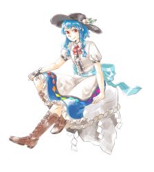 Rule 34 | 1girl, apron, blue hair, boots, cross-laced footwear, female focus, fingerless gloves, flat chest, floating rock, food, fruit, gloves, hand on own knee, hat ornament, hinanawi tenshi, knee boots, kyuubiness, lace-up boots, looking at viewer, peach, puffy short sleeves, puffy sleeves, red eyes, rope, shimenawa, short sleeves, skirt, smile, solo, touhou, waist apron