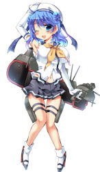 Rule 34 | 10s, 1girl, bad id, bad pixiv id, blue eyes, blue hair, blush, breasts, double bun, elbow gloves, full body, gloves, hair bun, harness, hat, high heels, kantai collection, large breasts, long hair, looking at viewer, matching hair/eyes, navel, one eye closed, open mouth, school uniform, serafuku, skirt, sleeves rolled up, smile, solo, urakaze (kancolle), white background, white gloves, white hat, yoroi nau