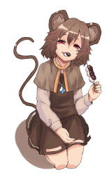 Rule 34 | 1girl, animal ears, blush, capelet, eating, food in mouth, grey hair, jewelry, mouse ears, mouse tail, nazrin, pendant, red eyes, short hair, simple background, skirt, smile, solo, tail, touhou, white background, yunuki uta