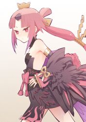 Rule 34 | 1girl, arm guards, benienma (fate), benienma alter (fate), bird hair ornament, black dress, black feathers, breasts, detached collar, detached sleeves, dress, fate/grand order, fate (series), feather-trimmed sleeves, feather trim, feathers, gradient background, gradient hair, hair ornament, hair ribbon, highres, japanese clothes, long hair, multicolored hair, obi, ponytail, red eyes, red hair, ribbon, sash, short dress, small breasts, solo, suzunoya, thighs, very long hair