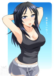 Rule 34 | 1girl, armpits, arms behind head, black hair, black shirt, black tank top, blouse, blue background, blush, border, breasts, cleavage, collarbone, freckles, girls und panzer, gradient background, half-closed eyes, highres, ichijou takakiyo, large breasts, long hair, looking at viewer, open mouth, shiny skin, shirt, short shorts, shorts, simple background, smile, solo, tank top, white border, yamagou ayumi