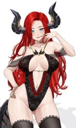 Rule 34 | 1girl, bare hips, black horns, black thighhighs, blue eyes, breasts, choker, cleavage, cleavage cutout, clothing cutout, dragon girl, dragon horns, dragon tail, expulse, finger to mouth, gluteal fold, hand on own hip, highres, horns, jewelry, lace, large breasts, legs apart, leotard, lips, looking at viewer, nail polish, navel, navel cutout, original, red hair, revealing clothes, see-through, solo, tail, thick thighs, thighhighs, thighs
