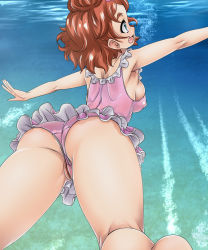 Rule 34 | 1girl, :d, ass, blue eyes, casual one-piece swimsuit, frilled swimsuit, frills, from behind, highres, kneepits, one-piece swimsuit, open mouth, orange hair, outstretched arms, partially visible vulva, pink one-piece swimsuit, pussy, short hair, smile, solo, spread arms, swimsuit, underwater, water
