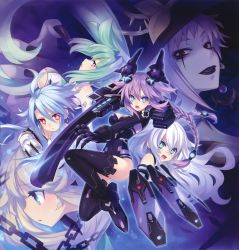 Rule 34 | 10s, 6+girls, :d, absurdres, ahoge, bare shoulders, black gloves, black heart (neptunia), black legwear, blanc (neptunia), blonde hair, blue eyes, blue hair, blush, bodysuit, boots, braid, breasts, chain, choujigen game neptune, claws, cleavage, detached sleeves, fighting stance, fingernails, gloves, green hair, green heart (neptunia), hair ornament, highres, histoire, leotard, lipstick, long hair, magiquone, makeup, multiple girls, neptune (neptunia), neptune (series), noire (neptunia), official art, open mouth, outstretched arm, power symbol, power symbol-shaped pupils, profile, purple eyes, purple hair, purple heart (neptunia), red eyes, smile, sword, symbol-shaped pupils, thighhighs, thorns, tsunako, twin braids, vert (neptunia), very long hair, weapon, white hair, white heart (neptunia)