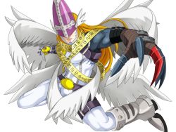 Rule 34 | angel, angel boy, armor, belt, claws, devimon, digimon, holyangemon, mask, original, simple background, white background, wings