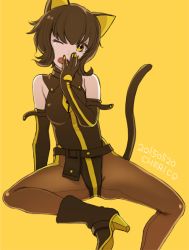 Rule 34 | 1girl, animal ears, bare shoulders, black gloves, black hair, cat ears, cat tail, cherico, dated, elbow gloves, gloves, hand to own mouth, nein (album), one eye closed, open mouth, rohre, short hair, solo, sound horizon, tail, yellow eyes