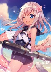 Rule 34 | 10s, 1girl, ;d, anchor, bad id, bad pixiv id, blonde hair, blue eyes, blush, crop top, flower, hair flower, hair ornament, kantai collection, kureaki (exit), lifebuoy, long hair, looking at viewer, one eye closed, open mouth, ro-500 (kancolle), sailor collar, school swimsuit, school uniform, smile, solo, swim ring, swimsuit, swimsuit under clothes, tan, tanline, torpedo, v, water