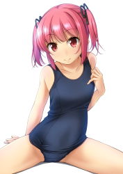 Rule 34 | 1girl, arm support, bare arms, bare shoulders, black ribbon, blue one-piece swimsuit, blush, closed mouth, collarbone, commentary request, hair ribbon, highres, long hair, looking at viewer, old school swimsuit, one-piece swimsuit, original, pink hair, red eyes, ribbon, school swimsuit, shibacha, sidelocks, simple background, sitting, smile, solo, spread legs, swimsuit, thighs, twintails, white background