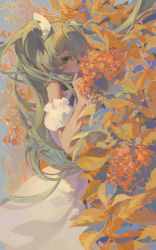 Rule 34 | 1girl, absurdres, aqua hair, armband, blue bow, blush, bow, covered mouth, dress, feet out of frame, flower, foliage, frilled armband, frills, from side, green eyes, hair ornament, hand up, hatsune miku, highres, hlymoriia, leaf, long hair, outdoors, sidelocks, solo, standing, swept bangs, twintails, very long hair, vocaloid, white dress