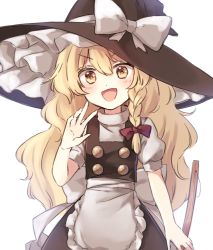 Rule 34 | &gt;:d, 1girl, :d, apron, blonde hair, blush, bow, braid, broom, commentary, hat, hat bow, highres, kirisame marisa, large bow, long hair, looking at viewer, open mouth, puffy short sleeves, puffy sleeves, sash, short sleeves, side braid, single braid, skirt, skirt set, smile, solo, touhou, turtleneck, v-shaped eyebrows, very long hair, vest, waist apron, waving, wavy hair, witch hat, yellow eyes, yururi nano