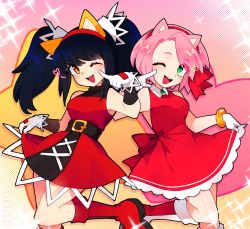 Rule 34 | 2girls, ;d, amy rose, animal ears, bare shoulders, belt, black hair, blush, boots, bracelet, cat ears, ciosuii, clothes lift, dress, dress lift, gloves, green eyes, hairband, heart, highres, honey the cat, humanization, jewelry, long hair, multiple girls, one eye closed, open mouth, orange eyes, pink hair, red dress, red footwear, red hairband, short hair, smile, sonic (series), sonic the fighters, sonic the hedgehog (classic), white gloves