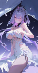 1girl alternate_costume bare_shoulders black_tiara breasts castorice_(honkai:_star_rail) clothing_cutout commentary dress flower hair_flower hair_ornament highres honkai:_star_rail honkai_(series) large_breasts long_hair pray_(furei) purple_background purple_eyes purple_hair smile solo_focus stomach_cutout thighs tiara underboob underboob_cutout white_dress