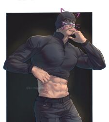 Rule 34 | 1boy, abs, bara, belt, black belt, black pants, black shirt, call of duty, call of duty: modern warfare 2, cigarette, clothes lift, commentary, drawn ears, drawn whiskers, english commentary, facepaint, ghost (modern warfare 2), highres, holding, holding cigarette, large pectorals, male focus, mask, mask lift, muscular, muscular male, navel, pants, parduspardusss, pectorals, shirt, shirt lift, solo, twitter username