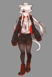 Rule 34 | 1girl, absurdres, animal ears, ayanobro, black pantyhose, cat ears, cat tail, english text, grey background, hair over one eye, highres, jacket, jewelry, lips, long hair, necklace, original, pantyhose, pantyhose under shorts, red eyes, shoes, shorts, simple background, smile, sneakers, solo, tail, white hair