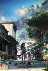 Rule 34 | 1girl, absurdres, animal, animal ears, basket, blue sky, building, cat ears, cat tail, cloud, day, eating, flower, food, fruit, hair ornament, hairclip, hat, highres, hose, house, kukka, looking at viewer, mountain, original, outdoors, plant, power lines, road, sandals, scenery, shirt, short shorts, short sleeves, shorts, sky, street, tail, tank top, translation request, undershirt, utility pole, white shirt