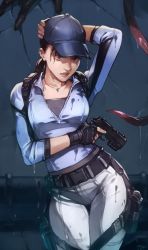Rule 34 | 1girl, arm behind head, baseball cap, breasts, broken wall, brown hair, claws, commentary, cross, cross necklace, damaged, dripping, english commentary, fingerless gloves, gloves, gun, handgun, hat, highres, holding, holding gun, holding weapon, holster, jewelry, jill valentine, licker (resident evil), long hair, long tongue, looking at viewer, necklace, optionaltypo, pants, ponytail, prehensile tongue, resident evil, resident evil 5, shoulder holster, thigh holster, tongue, trigger discipline, very long tongue, wall, weapon