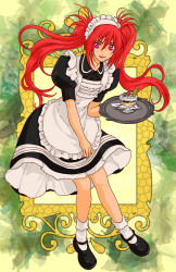 Rule 34 | 1girl, apron, breasts, dress, frills, long hair, maid headdress, nanaly fletch, pink eyes, red hair, shoes, smile, socks, tales of (series), tales of destiny 2, twintails