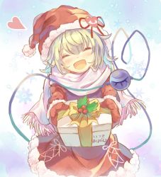 Rule 34 | 1girl, alternate costume, blue background, blush, closed eyes, dress, eye print, facing viewer, fur-trimmed dress, fur trim, gift, green hair, hat, hat ornament, heart, heart hat ornament, heart of string, holding, incoming gift, komeiji koishi, long sleeves, mittens, open mouth, outstretched arms, pink scarf, red dress, red hat, red mittens, santa costume, santa hat, scarf, sekisei (superego51), smile, snowflakes, solo, third eye, touhou