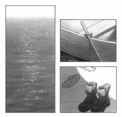 Rule 34 | 6aenol, boat, boots, greyscale, highres, monochrome, no humans, ocean, one piece, outdoors, sandals, scenery, watercraft