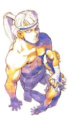 Rule 34 | 1990s (style), 2boys, abs, ankle wrap, barefoot, bengus, capcom, from above, game, hand wraps, headband, hibiki go, looking up, male focus, muai thai, multiple boys, muscular, official art, sagat, topless male, short hair, shorts, staring, street fighter, street fighter zero (series), wrist wrap, aged down