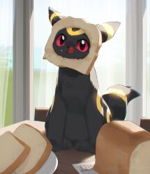 Rule 34 | animal focus, black fur, bread, bread slice, commentary, creatures (company), curtains, english commentary, food, game freak, gen 2 pokemon, indoors, nagasaki wonderful, nintendo, no humans, pokemon, pokemon (creature), red eyes, sitting, tail, tongue, tongue out, umbreon, window