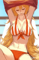 Rule 34 | 1girl, absurdres, armpits, bikini, blonde hair, breasts, cleavage, closed eyes, dishwasher1910, hair ornament, highres, large breasts, long hair, navel, removing shirt, rwby, sketch, solo, striped bikini, striped clothes, swimsuit, undressing, vertical stripes, very long hair, yang xiao long